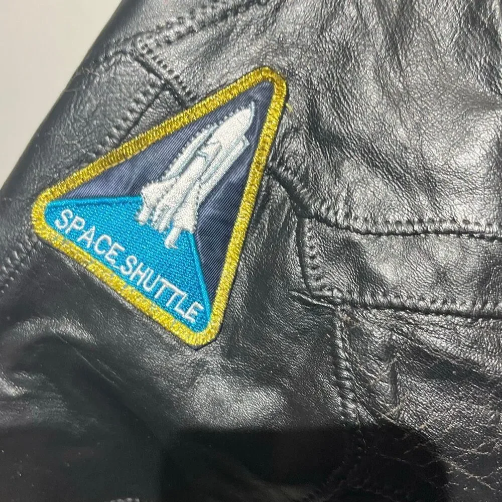 Alpha Industries Men's Black Leather Space Shuttle NASA Bomber Jacket Medium‎